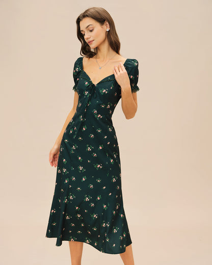 Green Puffed Sleeve Floral Midi Dress