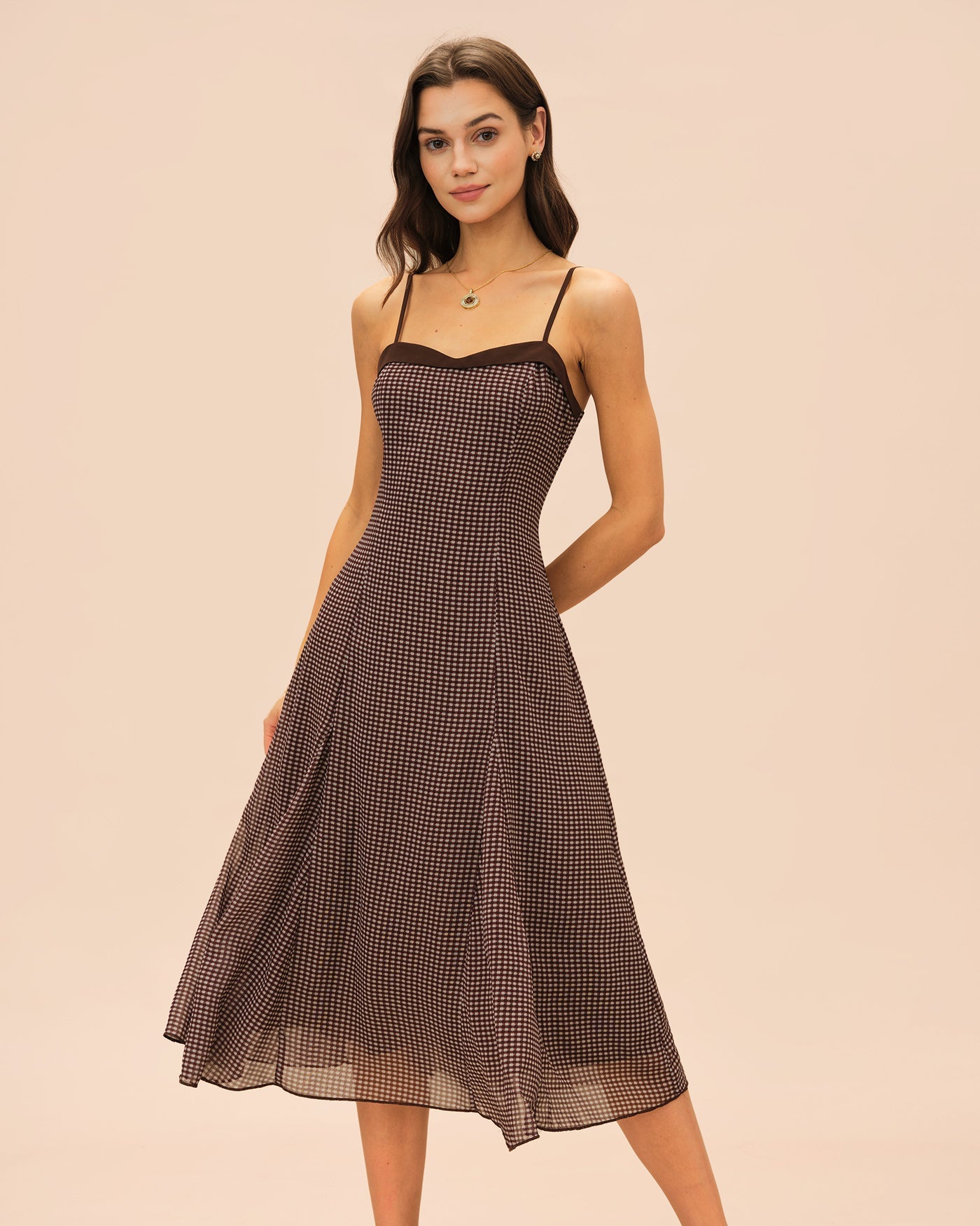 Brown Sweetheart Neck Plaid Slip Midi Dress