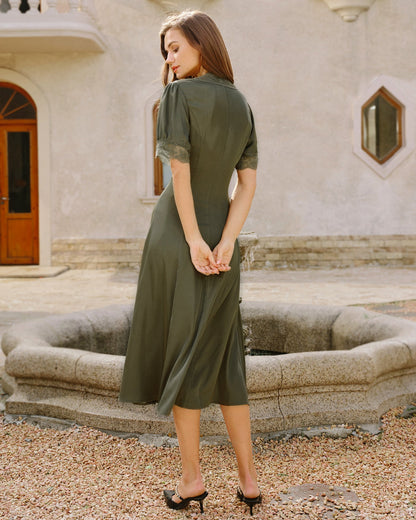 Green Lace Satin Midi Dress