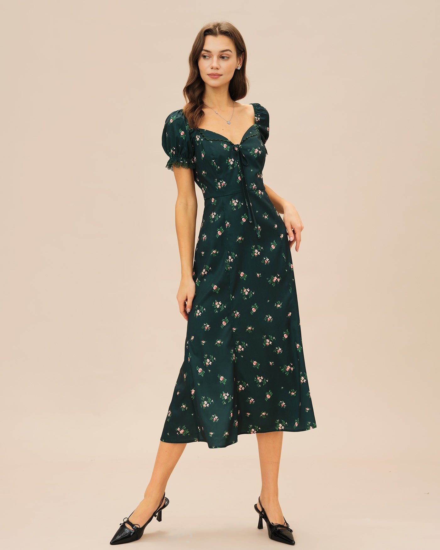 Green Puffed Sleeve Floral Midi Dress