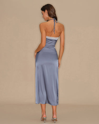 Blue Halter Slip Midi Dress