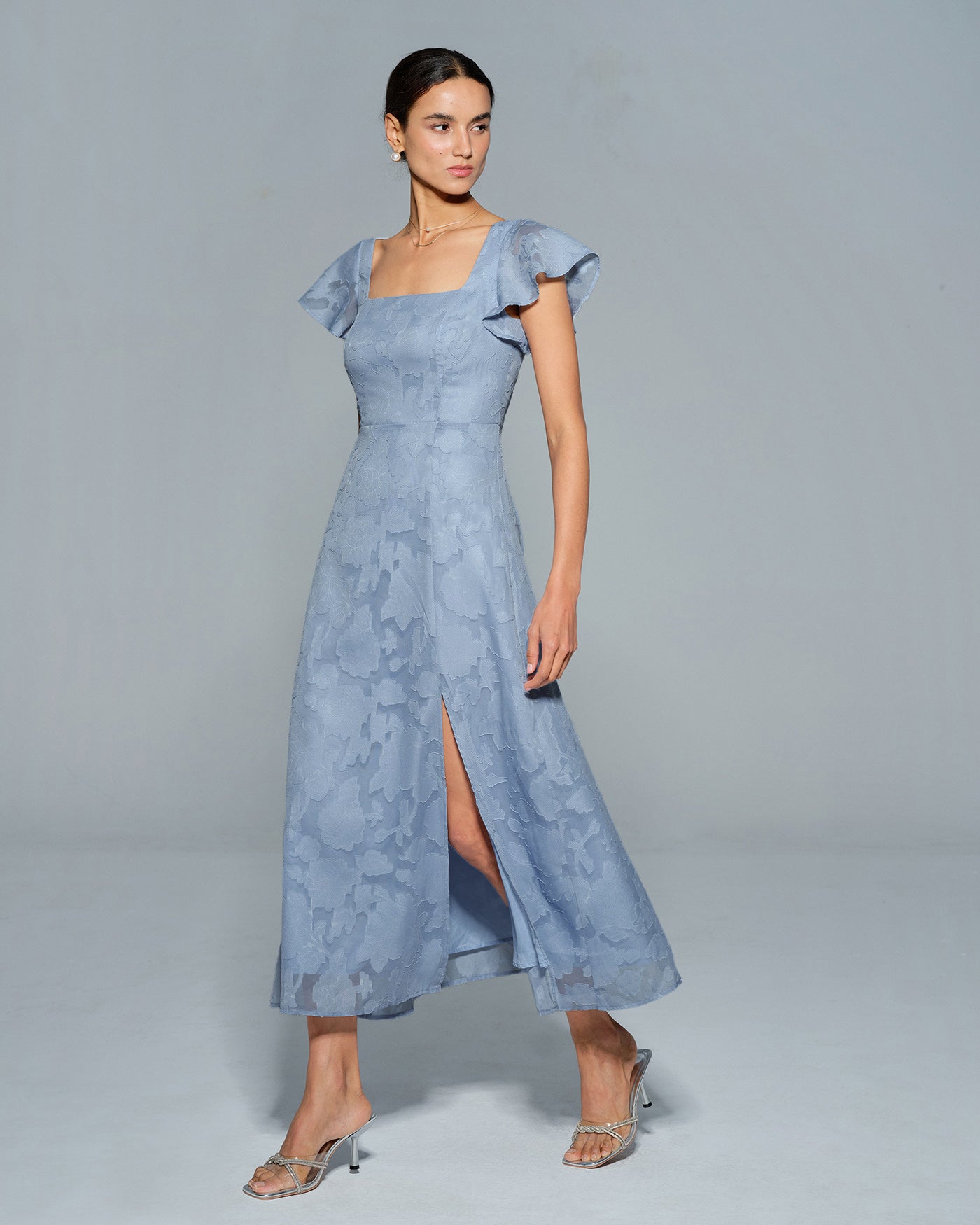 Blue Floral Square Neck Midi Dress