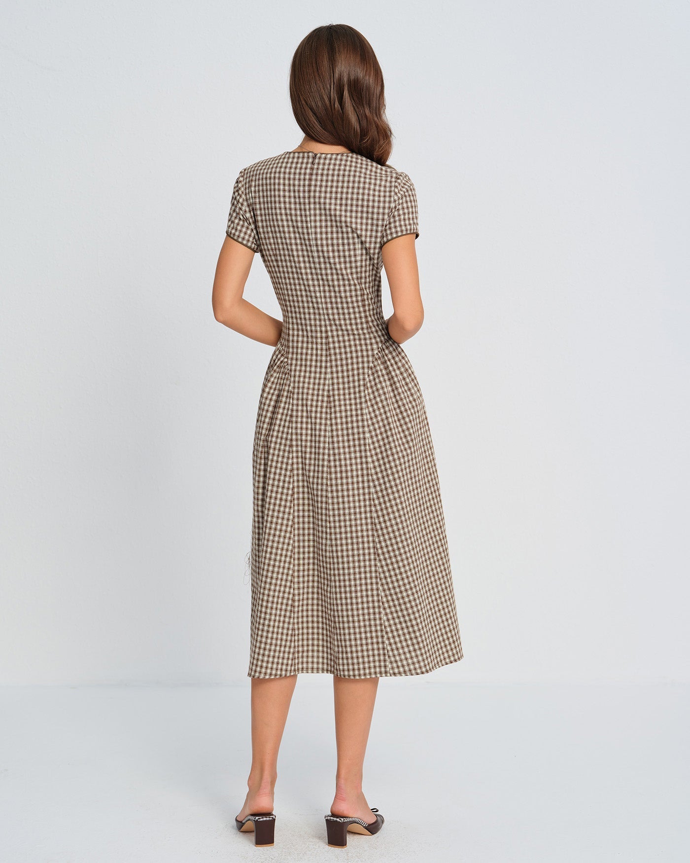 Brown Plaid Round Neck Midi Dress