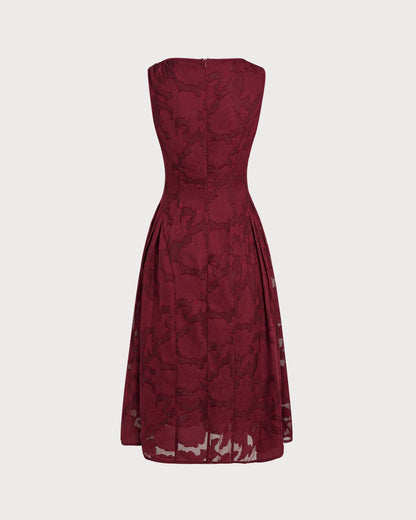 Red Jacquard Chiffon Midi Dress