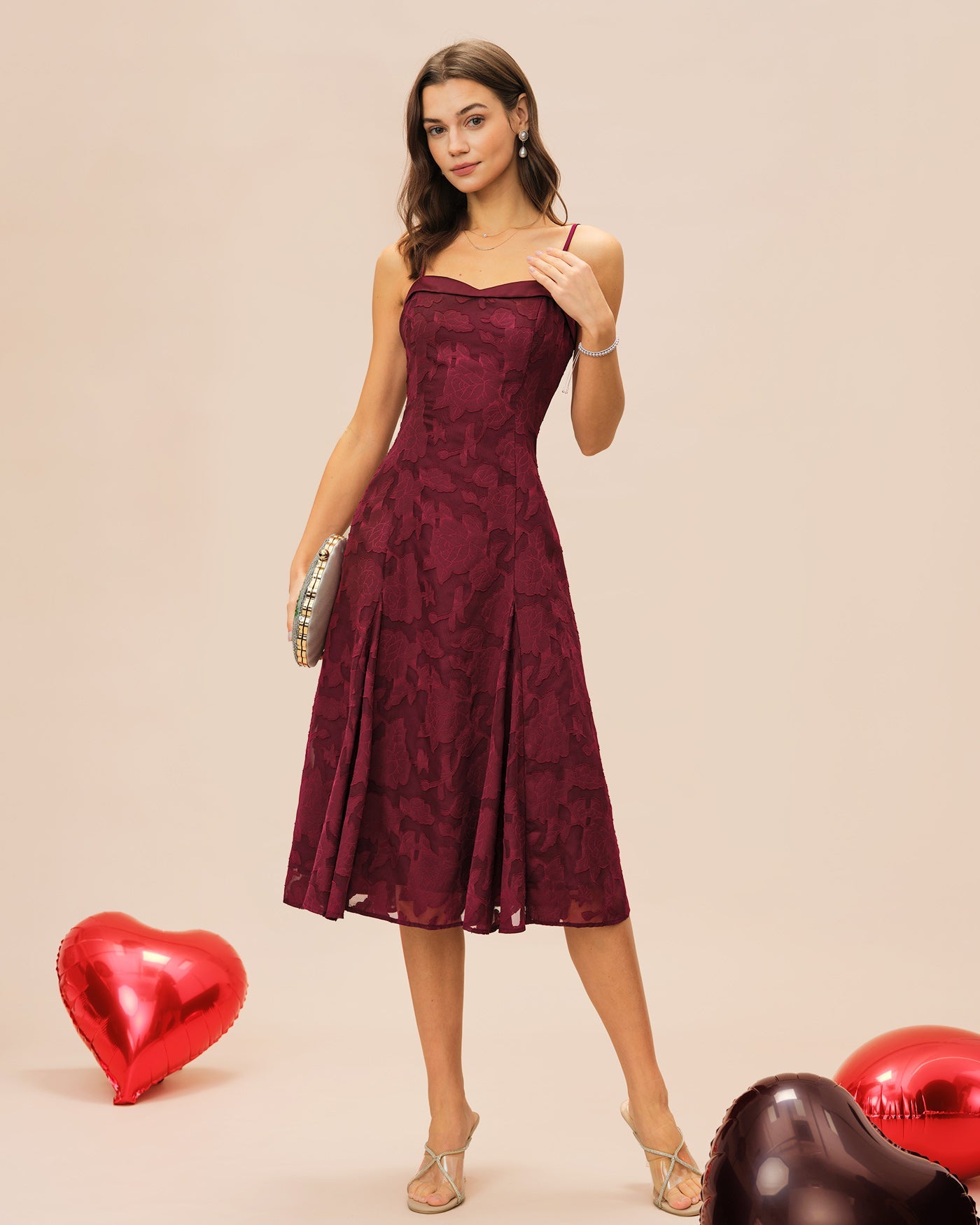 Wine Red Sweetheart Neck Jacquard Slip Midi Dress