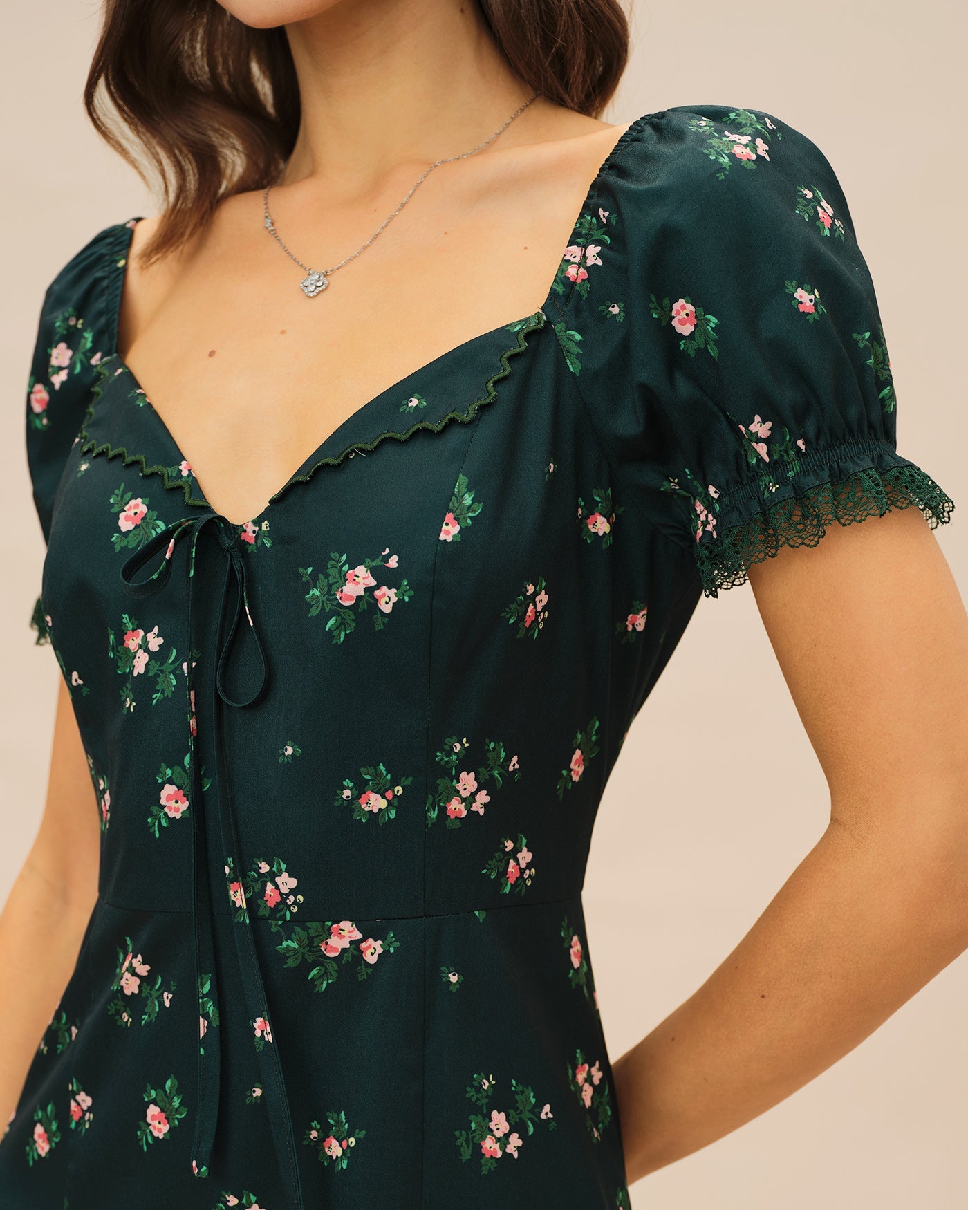Green Puffed Sleeve Floral Midi Dress