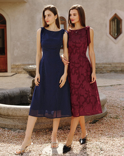 Red Jacquard Chiffon Midi Dress