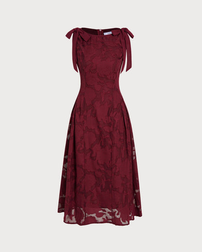 Red Jacquard Chiffon Midi Dress