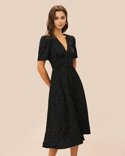 Black V Neck Polka Dot Midi Dress