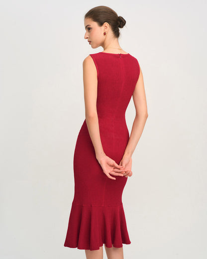 Red V Neck A-Line Midi Dress