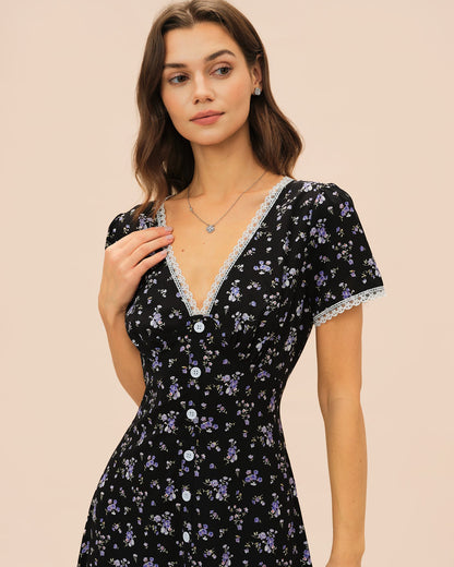 Black V Neck Lace Floral Midi Dress