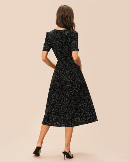 Black V Neck Polka Dot Midi Dress