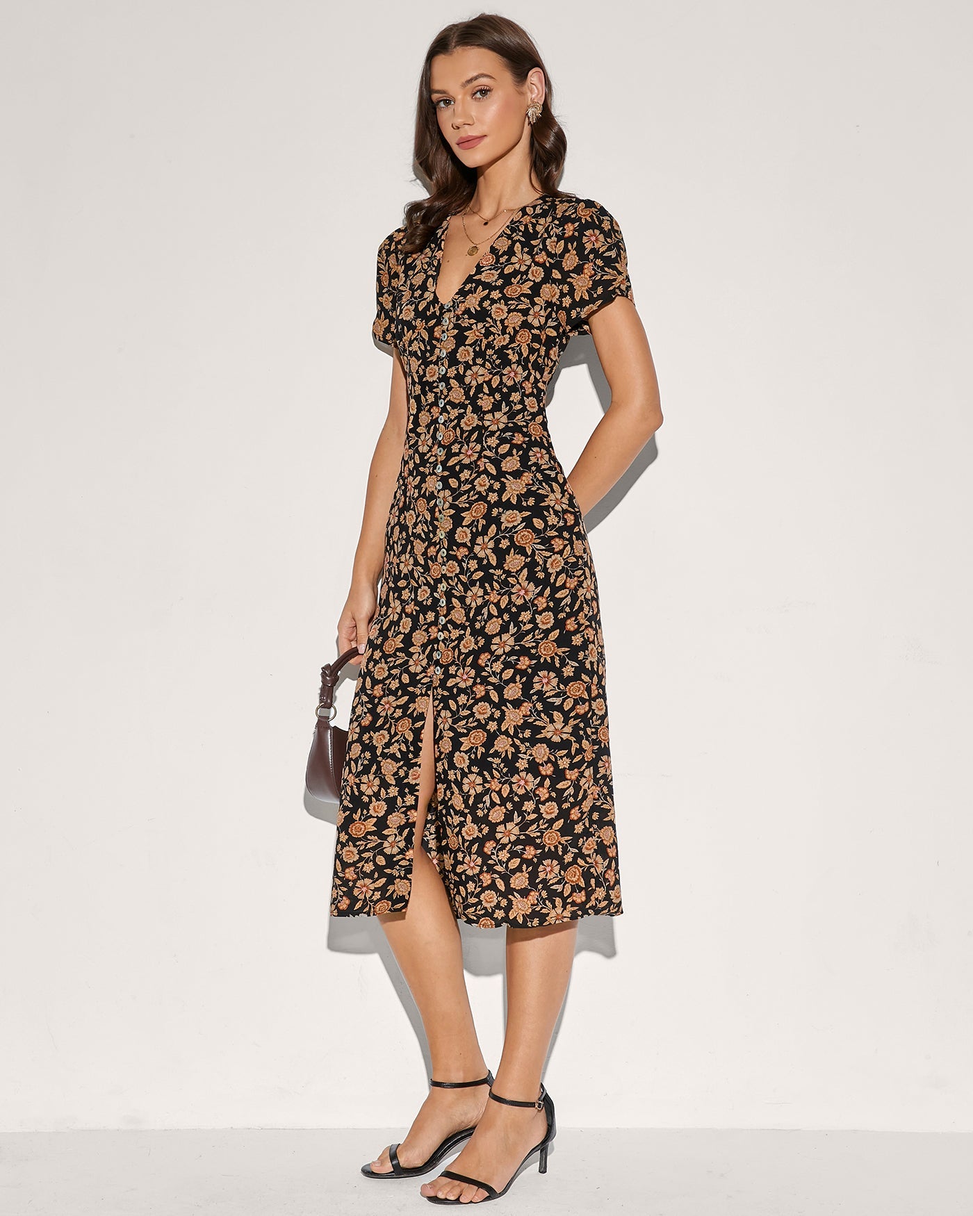 Black V Neck Button Floral Midi Dress