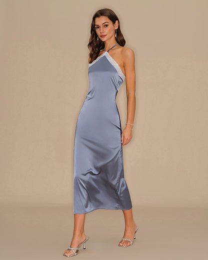 Blue Halter Slip Midi Dress