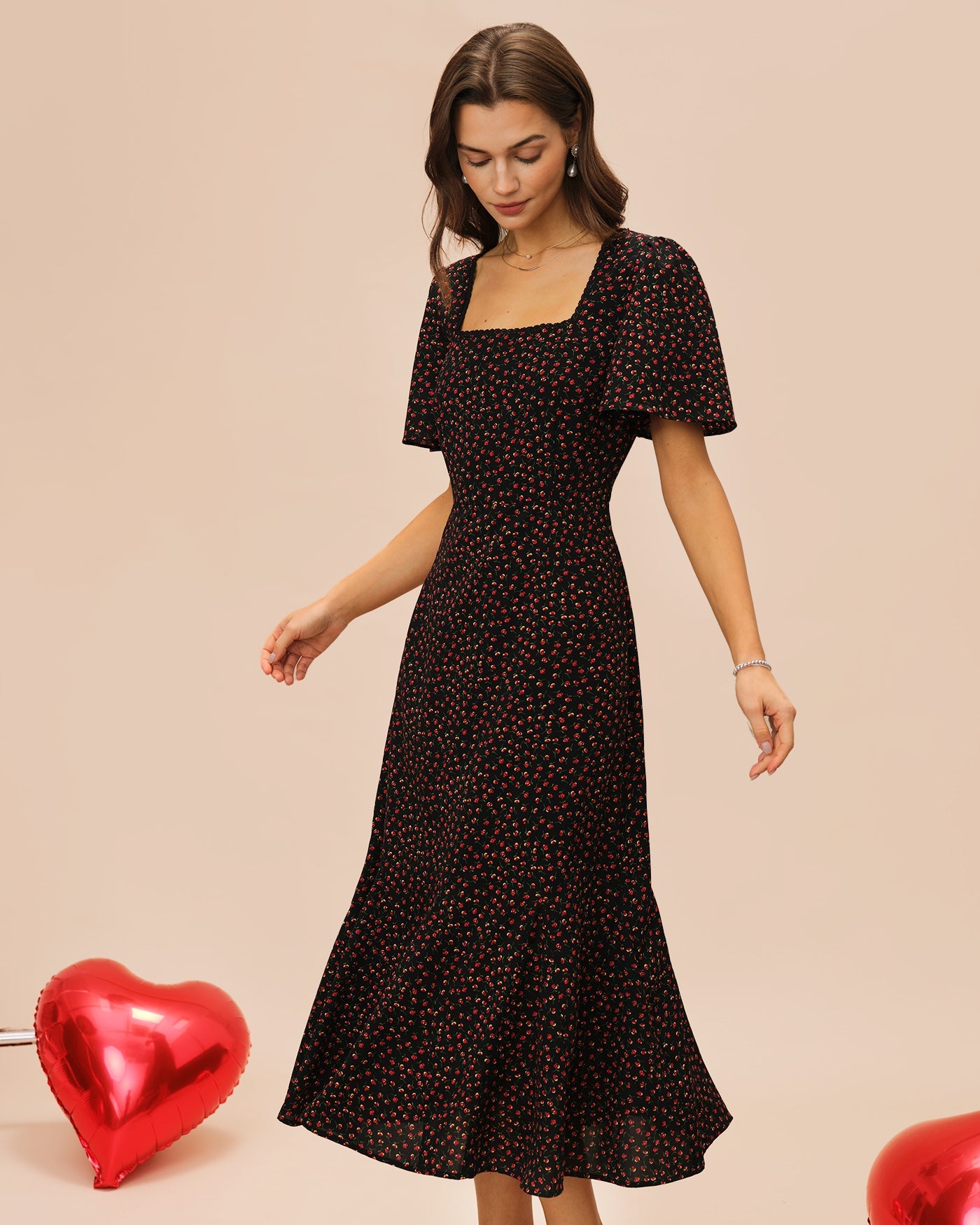 Black Square Neck Butterfly Sleeve Floral Midi Dress