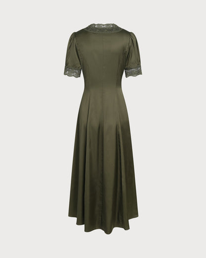 Green Lace Satin Midi Dress