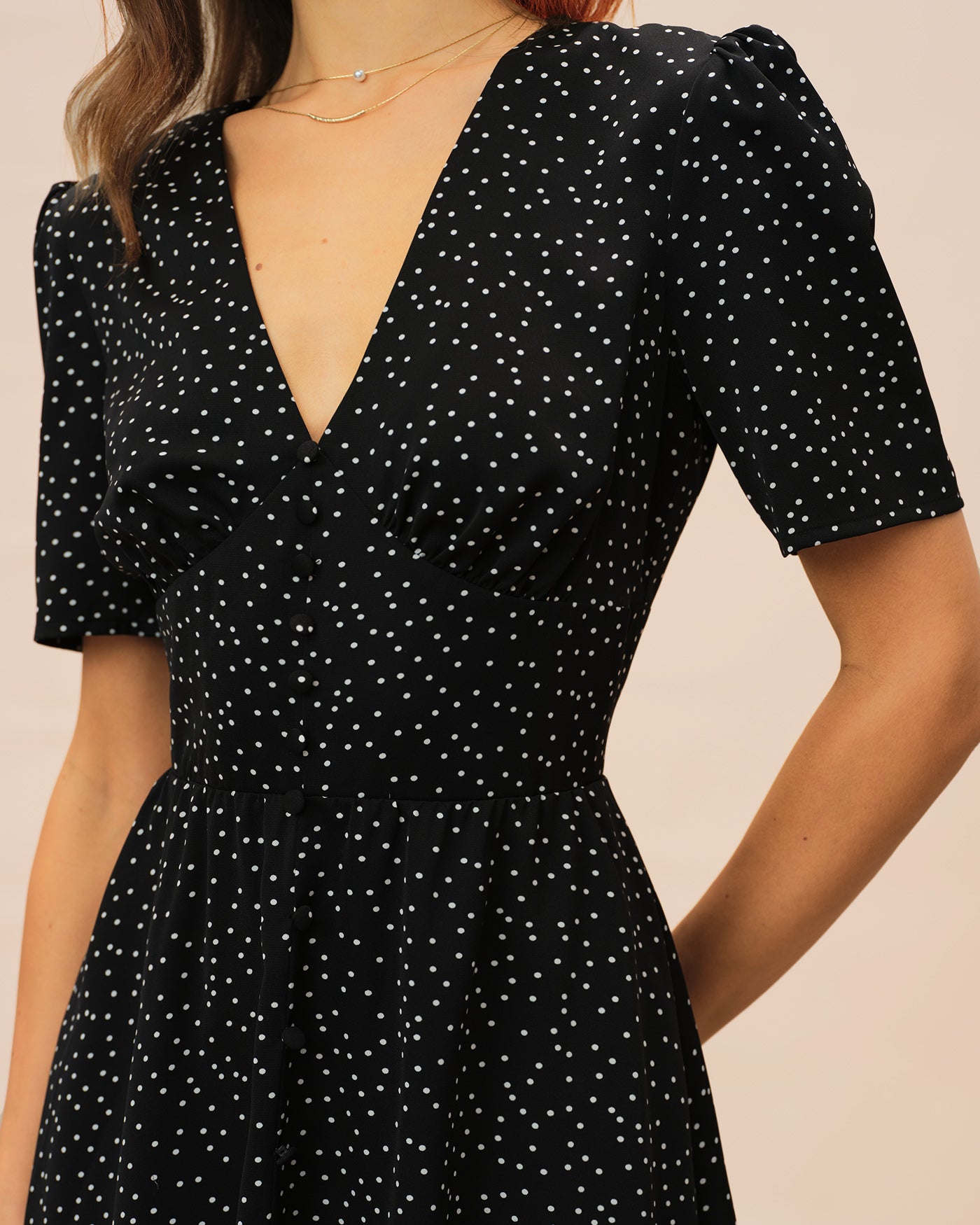Black V Neck Polka Dot Midi Dress