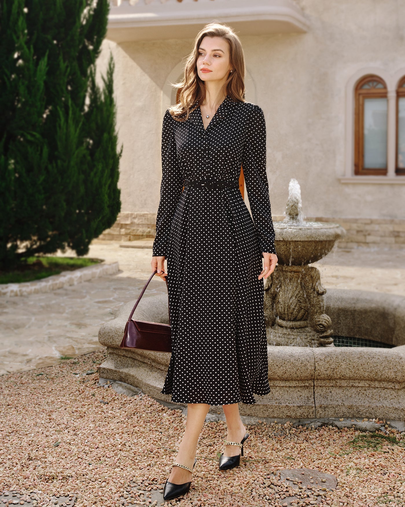 Black Polka Dot Collar Midi Dress