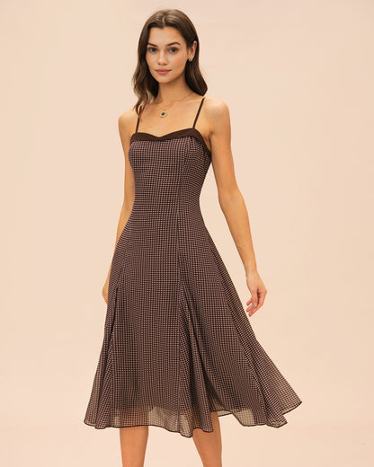 Brown Sweetheart Neck Plaid Slip Midi Dress