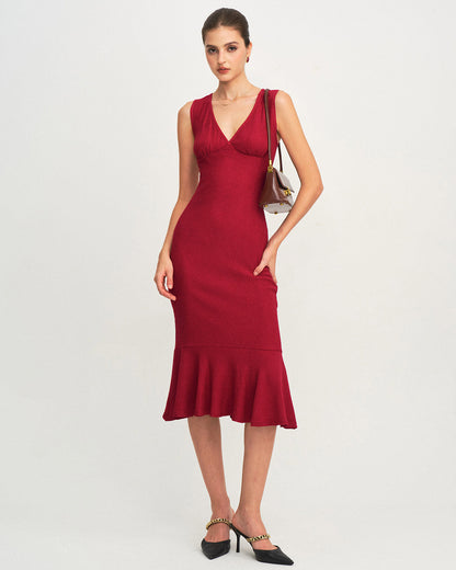 Red V Neck A-Line Midi Dress
