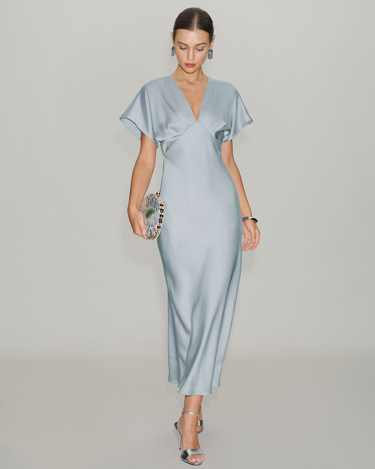 Blue V Neck Cowl Sleeve Satin Midi Dress