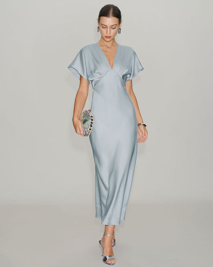 Blue V Neck Cowl Sleeve Satin Midi Dress