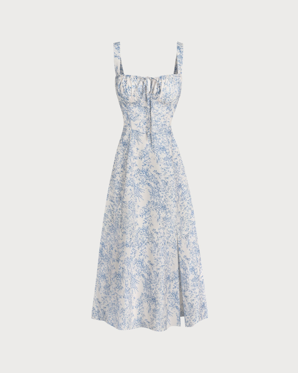 Blue Floral Ruched Slip Midi Dress
