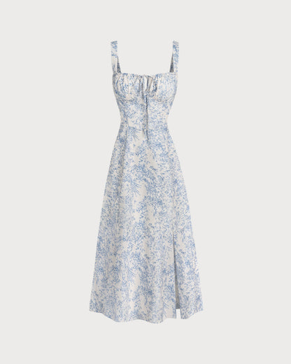 Blue Floral Ruched Slip Midi Dress
