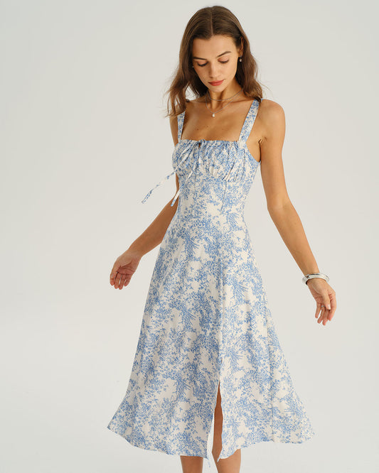 Blue Floral Ruched Slip Midi Dress
