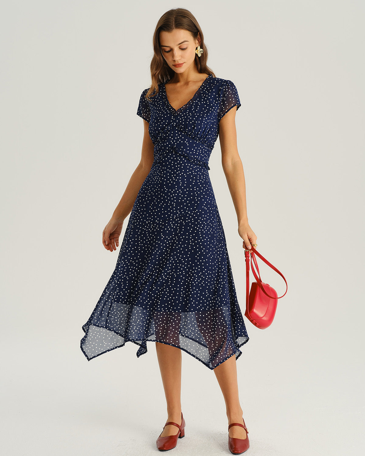 Navy Polka Dot Cap Sleeve Midi Dress