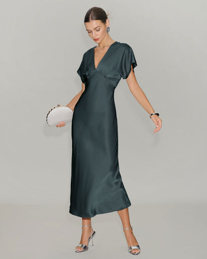 Grey Green Satin Cowl Sleeve Midi Dress