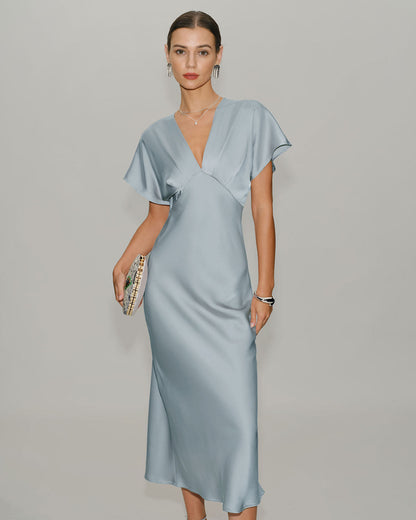 Blue V Neck Cowl Sleeve Satin Midi Dress