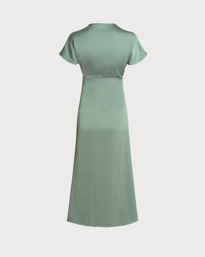 Green Satin V Neck A-Line Midi Dress