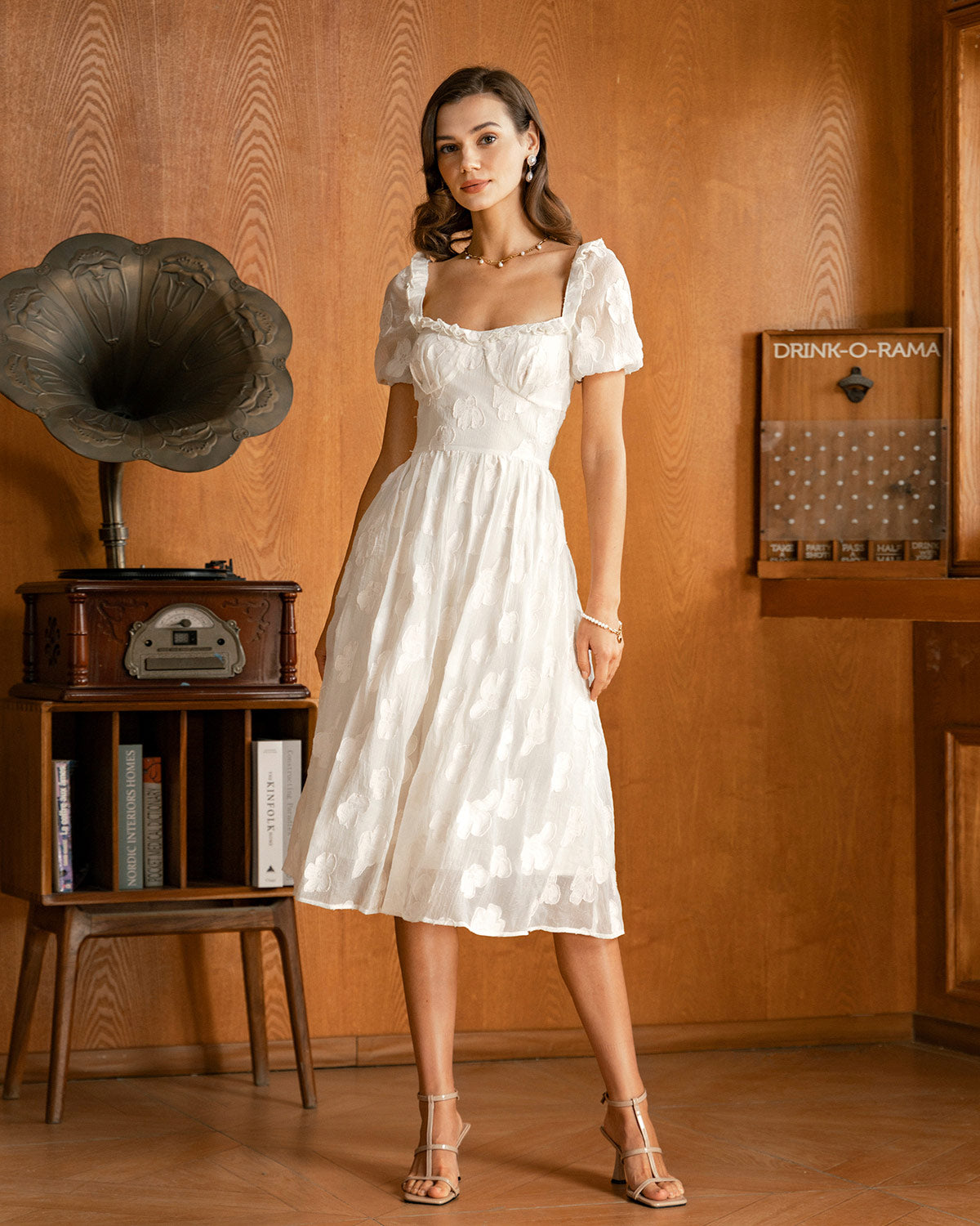 Beige Square Neck Puffed Sleeve Midi Dress