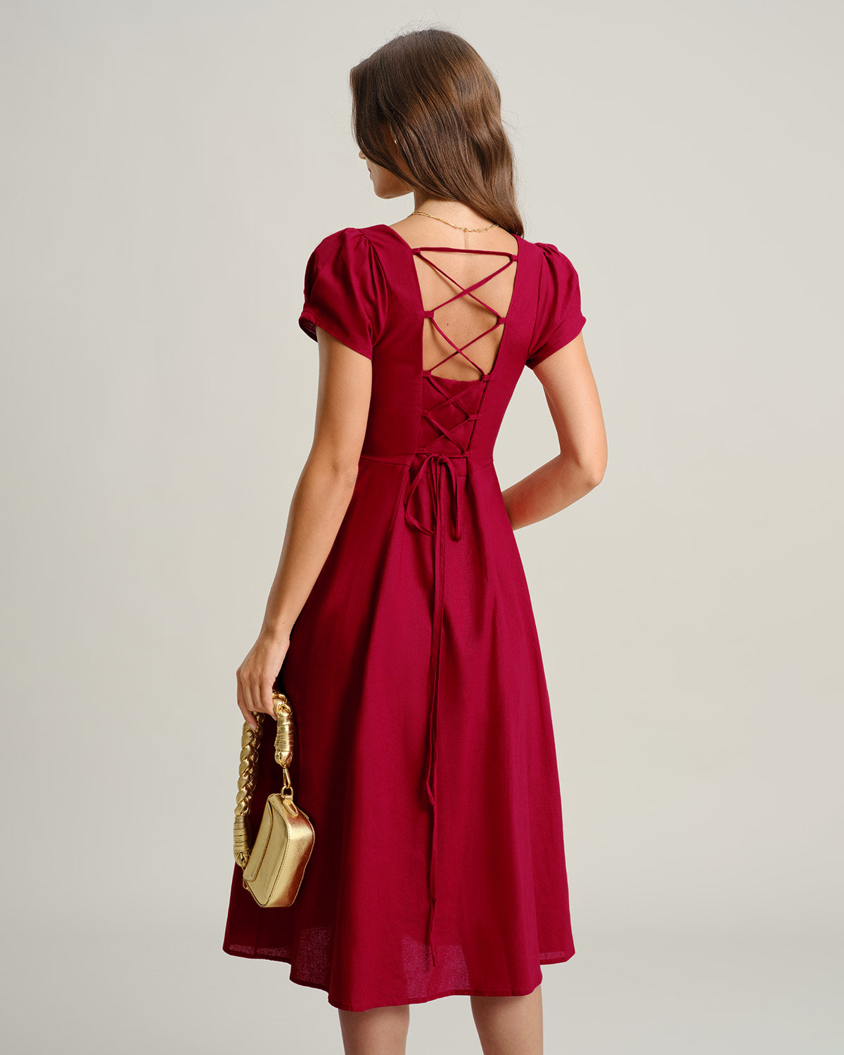 Wine Red Square Neck A-Line Midi Dress