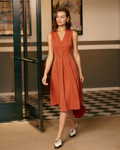 Red Button Sleeveless Midi Dress