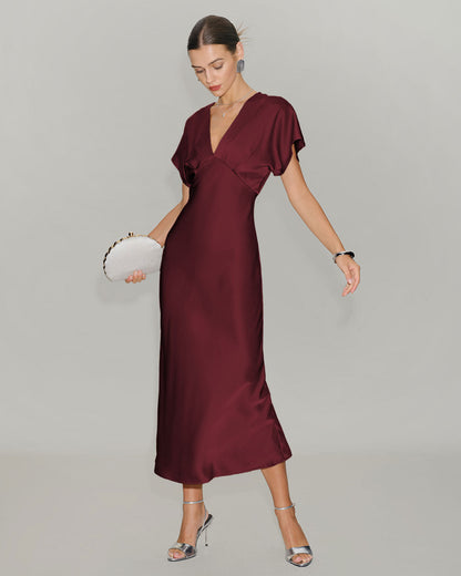 Wine Red Satin Cowl Sleeve Midi Dress