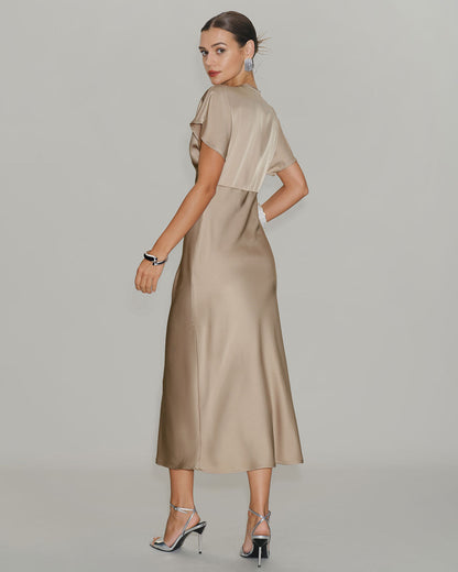 Apricot Satin V Neck A-Line Midi Dress