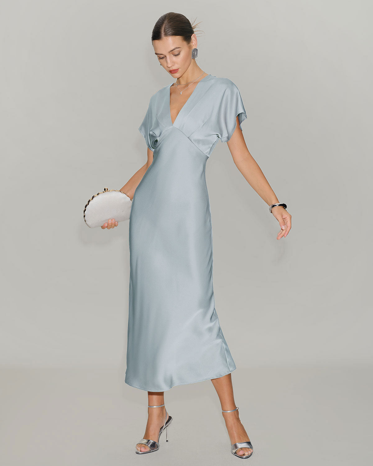 Blue V Neck Cowl Sleeve Satin Midi Dress