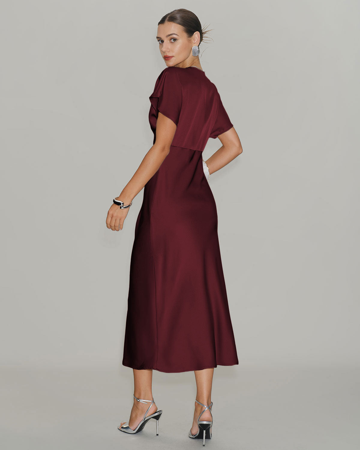 Wine Red Satin Cowl Sleeve Midi Dress