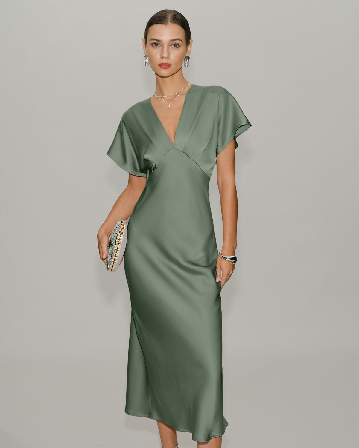 Green Satin V Neck A-Line Midi Dress