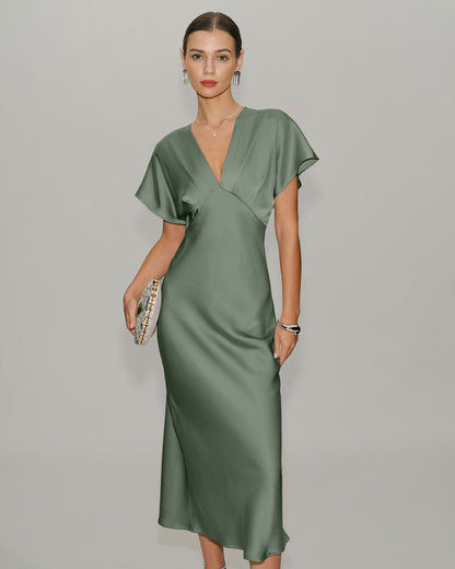 Green Satin V Neck A-Line Midi Dress