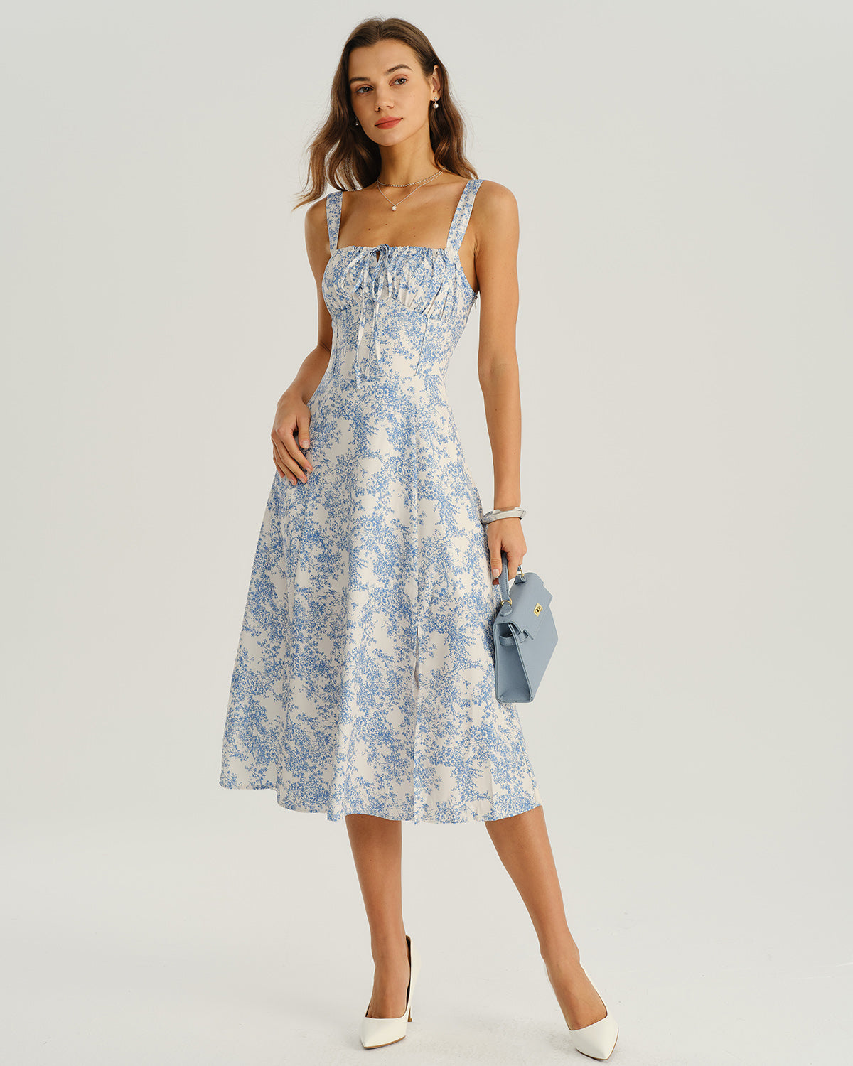 Blue Floral Ruched Slip Midi Dress