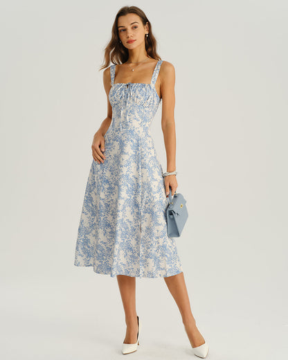 Blue Floral Ruched Slip Midi Dress