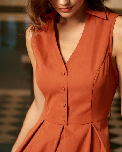 Red Button Sleeveless Midi Dress