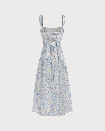 Blue Floral Ruched Slip Midi Dress