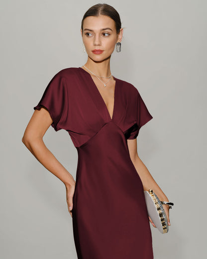 Wine Red Satin Cowl Sleeve Midi Dress