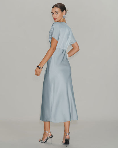 Blue V Neck Cowl Sleeve Satin Midi Dress