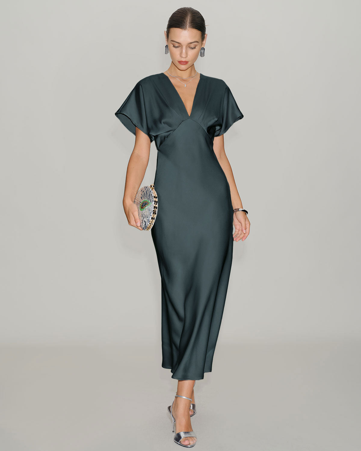 Grey Green Satin Cowl Sleeve Midi Dress