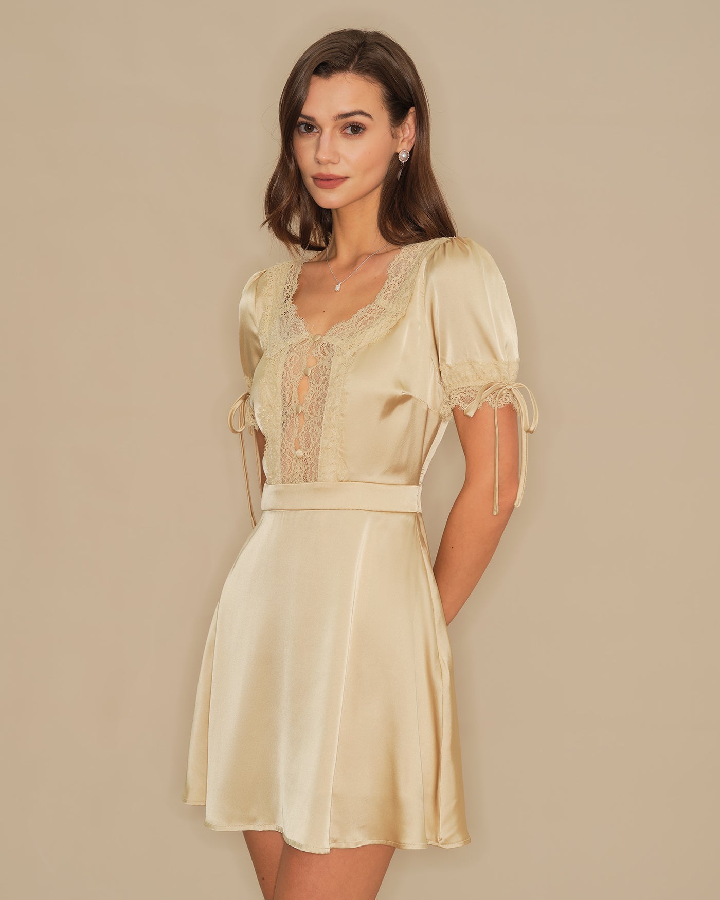 Apricot V Neck Lace Satin Mini Dress